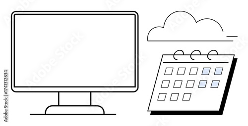 Computer monitor, cloud, and calendar highlight digital scheduling, cloud computing, or time management. Ideal for planning, technology, remote work, productivity deadlines organization simple