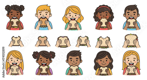 Happy Diverse Cartoon Children Eating and Holding Sandwiches Cute Illustrations.