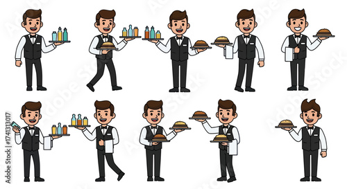 Cartoon Waiters Serving Food and Drinks on Trays.