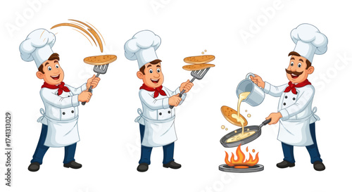 Three cartoon chefs preparing and cooking delicious pancakes with various actions.