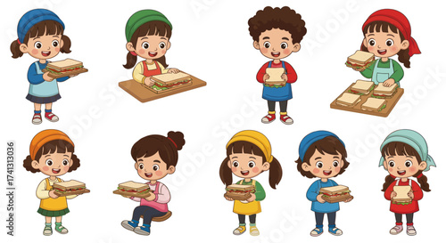 Diverse group of cartoon children happily preparing and holding sandwiches.
