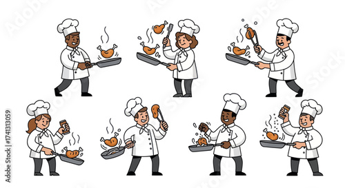 Diverse Cartoon Chefs Cooking Set with Frying Pans and Kitchen Utensils.