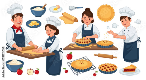 Cheerful Bakers Crafting Delicious Pies and Pastries with Fresh Ingredients.