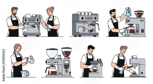 Baristas Preparing Coffee with Espresso Machines in a Cafe Setting.