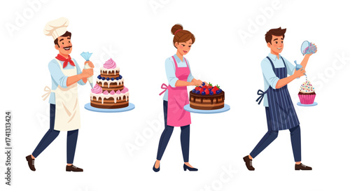 Cartoon Pastry Chefs Decorating and Presenting Delicious Cakes and Cupcakes.
