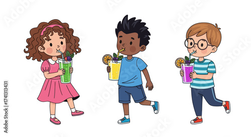 Cartoon Children Enjoying Refreshing Drinks with Colorful Straws.