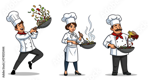 A diverse set of three professional cartoon chefs in uniform happily cooking with woks.