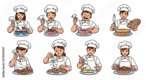 Diverse Cartoon Bakers Preparing and Decorating Delicious Desserts.