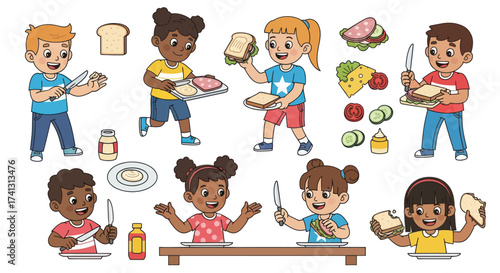 Happy Diverse Cartoon Children Making Sandwiches with Various Ingredients.
