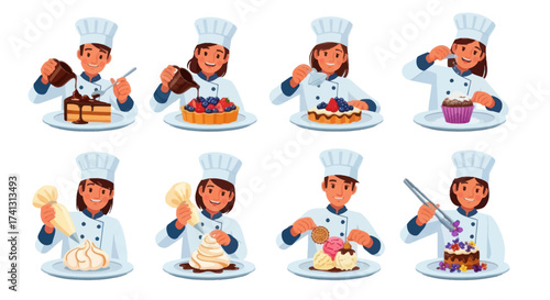 Cartoon Chefs Preparing and Decorating Various Delicious Desserts.