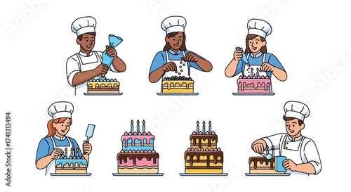 Diverse bakers decorating elaborate cakes with frosting and toppings.