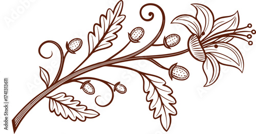 Elegant floral illustration of a stylized blooming flower on a branch, perfect for botanical designs, decorative elements, and artistic projects