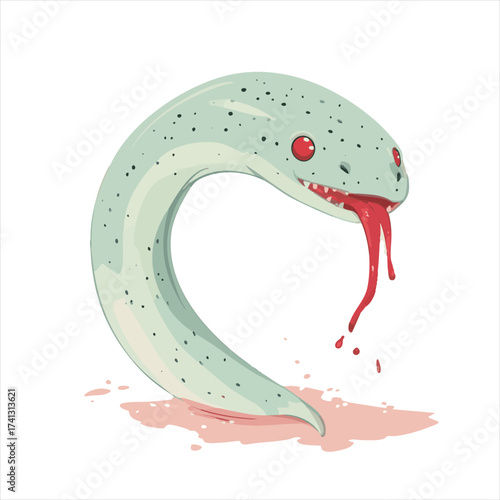 A stylized, light-green snake with red eyes and dripping blood