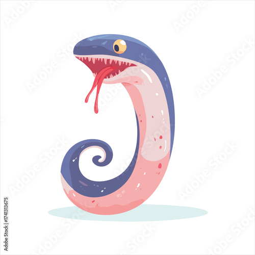 Cartoon snake with open mouth.  A stylized, friendly-looking,  vibrant serpent, in a playful pose