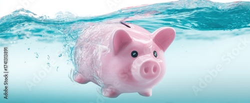 The pink piggy bank submerged in water creating a splash.
