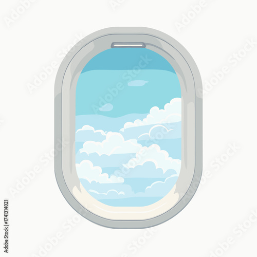 Airplane window view with clouds and blue sky background  