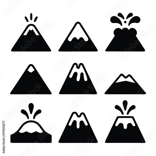 Collection of nine black and white simple volcano icons with eruptions and snow caps mountain lava