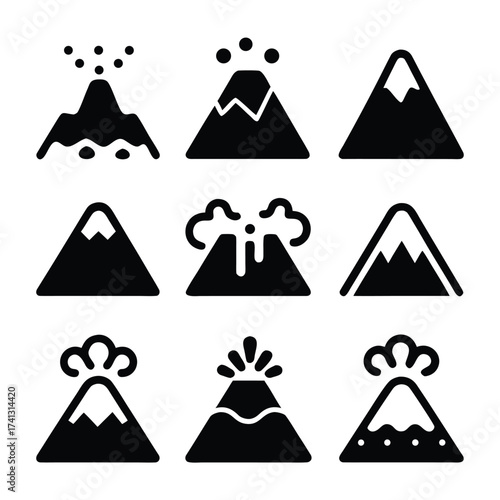 Collection of nine black volcano icons with smoke and lava elements mountain eruption
