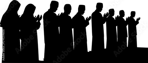 Black Vector Silhouette: Group of People Praying in Mosque	A dynamic black vector silhouette depicting a group of several figures (gender-neutral or mixed) standing in rows, engaged in congregational 