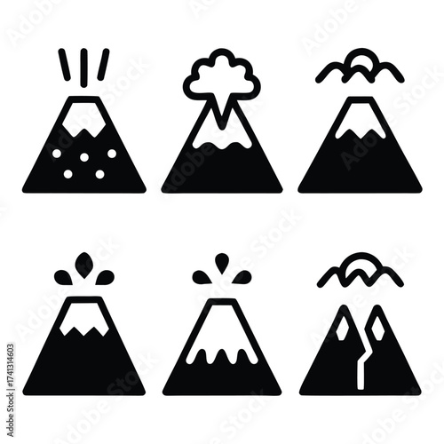 Six black and white simple icon illustrations of volcanoes erupting eruption mountain