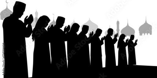 Black Vector Silhouette: Group of People Praying in Mosque	A dynamic black vector silhouette depicting a group of several figures (gender-neutral or mixed) standing in rows, engaged in congregational 
