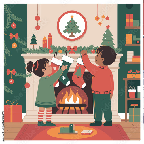 Festive christmas scene with children hanging stockings by the fireplace, creating a cozy and magical holiday atmosphere isolated on white background