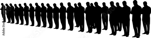 Black Vector Silhouette: Group of People Praying in Mosque	A dynamic black vector silhouette depicting a group of several figures (gender-neutral or mixed) standing in rows, engaged in congregational 