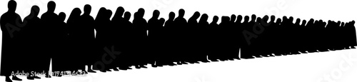 Black Vector Silhouette: Group of People Praying in Mosque	A dynamic black vector silhouette depicting a group of several figures (gender-neutral or mixed) standing in rows, engaged in congregational 