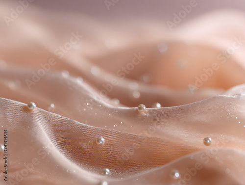 Soft pastel pink and peach jewelry photography background with silk texture and scattered pearls, delicate gradient from light pink to creamy white with natural lighting