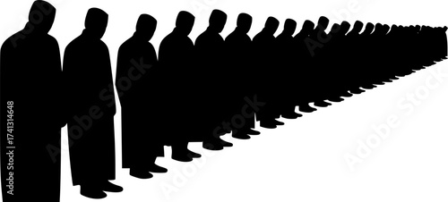Black Vector Silhouette: Group of People Praying in Mosque	A dynamic black vector silhouette depicting a group of several figures (gender-neutral or mixed) standing in rows, engaged in congregational 