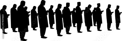 Black Vector Silhouette: Group of People Praying in Mosque	A dynamic black vector silhouette depicting a group of several figures (gender-neutral or mixed) standing in rows, engaged in congregational 