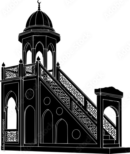 	Black Vector Silhouette: Minbar (Mosque Pulpit)	A detailed black vector silhouette of a Minbar (pulpit) found in a mosque, featuring its characteristic steps and a small platform. Represents sermons,