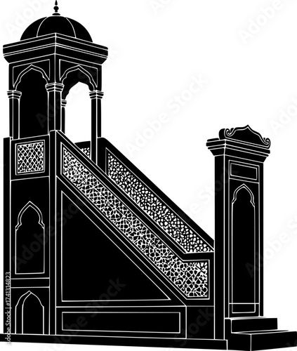 	Black Vector Silhouette: Minbar (Mosque Pulpit)	A detailed black vector silhouette of a Minbar (pulpit) found in a mosque, featuring its characteristic steps and a small platform. Represents sermons,