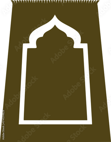 Black Vector Silhouette: Prayer Rug (Sajjadah)with Arch Motif. A black vector silhouette of a traditional prayer rug (Sajjadah) laid flat, featuring a stylized arch motif or Mihrab design at one end. 