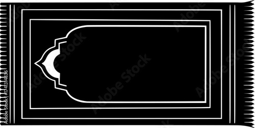 Black Vector Silhouette: Prayer Rug (Sajjadah)with Arch Motif. A black vector silhouette of a traditional prayer rug (Sajjadah) laid flat, featuring a stylized arch motif or Mihrab design at one end. 