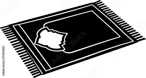 Black Vector Silhouette: Prayer Rug (Sajjadah)with Arch Motif. A black vector silhouette of a traditional prayer rug (Sajjadah) laid flat, featuring a stylized arch motif or Mihrab design at one end. 