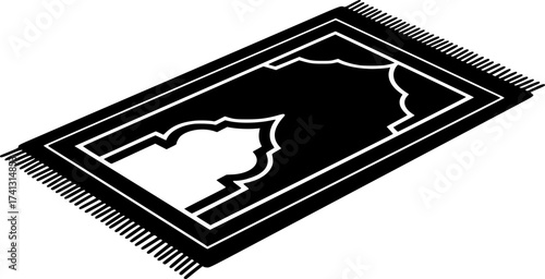 Black Vector Silhouette: Prayer Rug (Sajjadah)with Arch Motif. A black vector silhouette of a traditional prayer rug (Sajjadah) laid flat, featuring a stylized arch motif or Mihrab design at one end. 