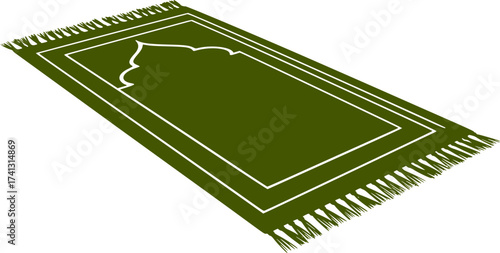 Black Vector Silhouette: Prayer Rug (Sajjadah)with Arch Motif. A black vector silhouette of a traditional prayer rug (Sajjadah) laid flat, featuring a stylized arch motif or Mihrab design at one end. 