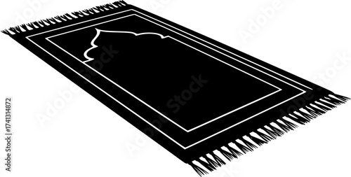 Black Vector Silhouette: Prayer Rug (Sajjadah)with Arch Motif. A black vector silhouette of a traditional prayer rug (Sajjadah) laid flat, featuring a stylized arch motif or Mihrab design at one end. 