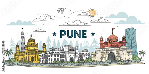 Pune Skyline Illustration: Vibrant Cultural Landmarks & Historical Monuments in Ultra-Detail