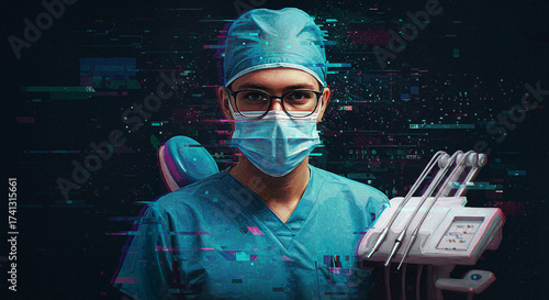 Futuristic dentist in digital glitch style wearing mask and scrubs, artistic illustration, healthcare concept