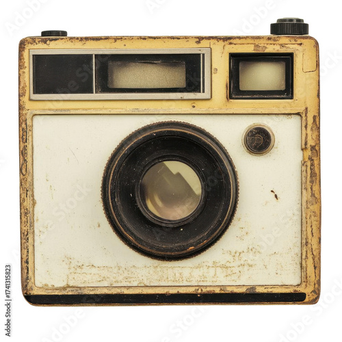 AI Image A weathered and well-loved vintage camera with a creamy white faceplate against dark