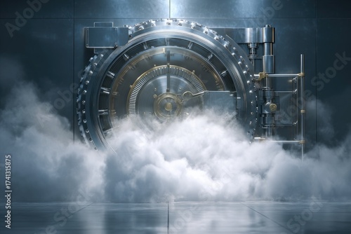 A massive metal vault door with intricate details, shrouded in ethereal clouds, set against a dark backdrop