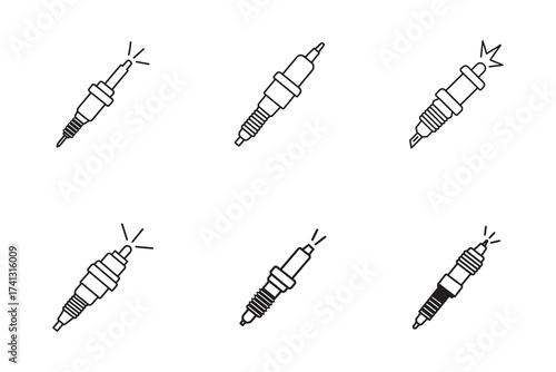 Automotive Spark Plug Line Art Illustrations for Engine Ignition Systems and Vehicle Maintenance Diagnostics