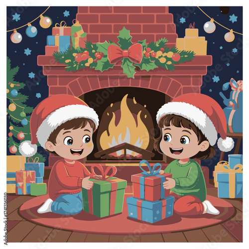 Two cheerful kids in santa hats exchanging christmas gifts by the cozy fireplace, creating a heartwarming holiday scene filled with joy and anticipation
