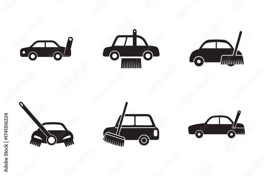 Naklejka premium Black and White Car Wash Icons Set Illustration for Design and Web Symbols for Vehicle Cleaning Service and Automobile Maintenance Concept
