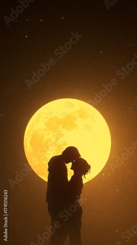 Wallpaper Mural romantic couple silhouette kissing under a glowing golden full moon and starlight Torontodigital.ca