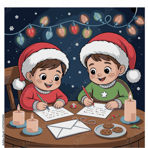 Two children wearing santa hats are writing letters at a table with christmas lights, candles, cookies, and an envelope, creating a festive scene