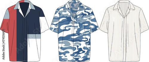 Men’s short sleeve shirt CAD flat sketch, button-up shirt vector template, casual summer fashion design, technical clothing illustration
