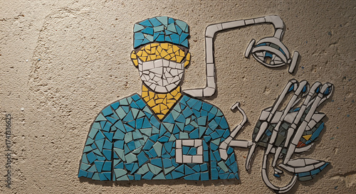 Mosaic artwork of a dentist character in scrubs with dental tools, colorful illustration, healthcare concept